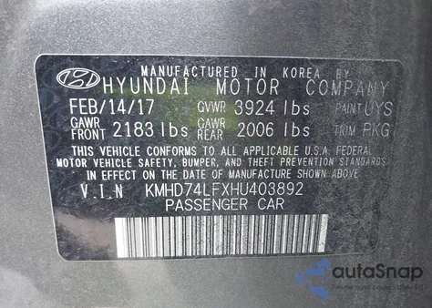 2017 Hyundai Elantra Se from USA, damaged, VIN KMHD74LFXHU403892
